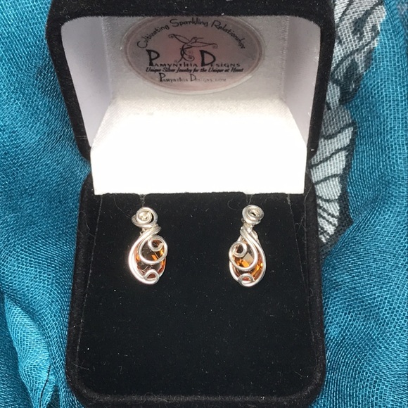 Citrine Earrings- Sterling Silver Citrine Earrings- Citrine Wire Wrapped Posts - Picture 3 of 5